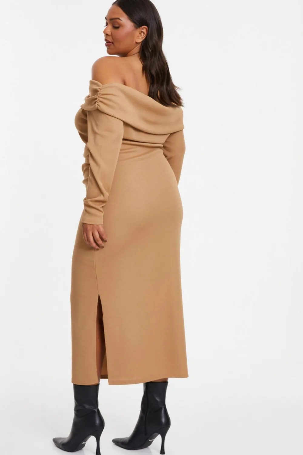 Quiz Midi Dresses|Day Dresses>Curve Camel Ribbed Bardot Bodycon Midi Dress