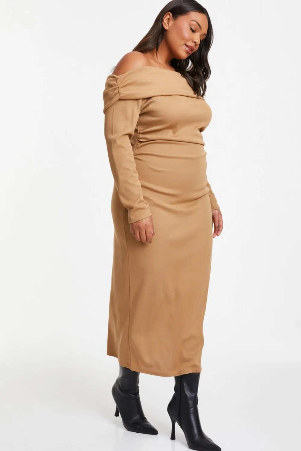 Quiz Midi Dresses|Day Dresses>Curve Camel Ribbed Bardot Bodycon Midi Dress