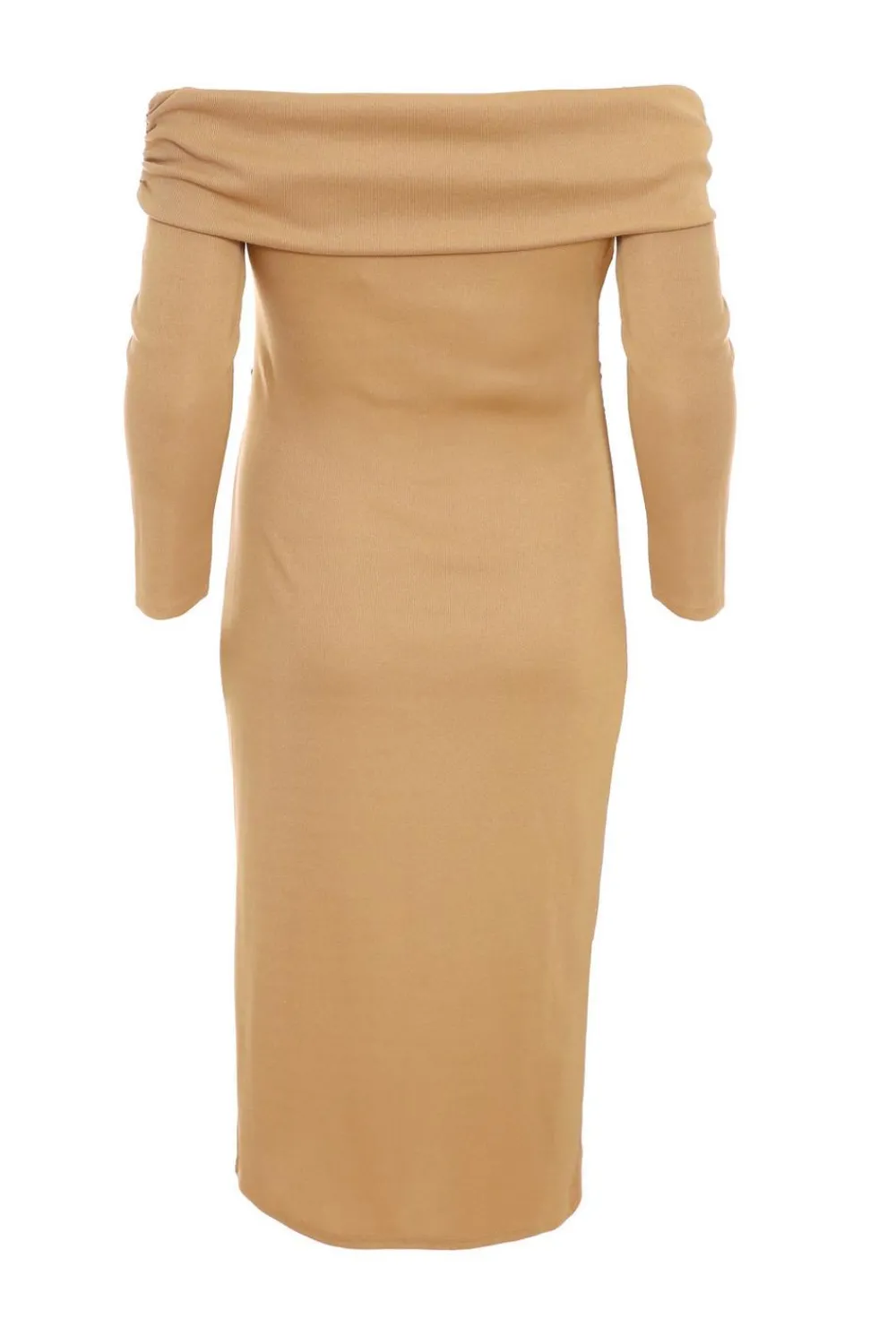 Quiz Midi Dresses|Day Dresses>Curve Camel Ribbed Bardot Bodycon Midi Dress