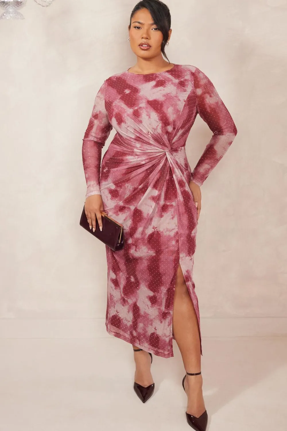 Quiz Day At The Races|Modest>Curve Dark Pink Marble Print Midaxi Dress