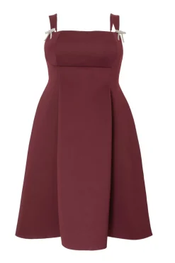 Quiz Day At The Races|Christening Guest>Curve Dark Red Diamante Bow Midi Dress