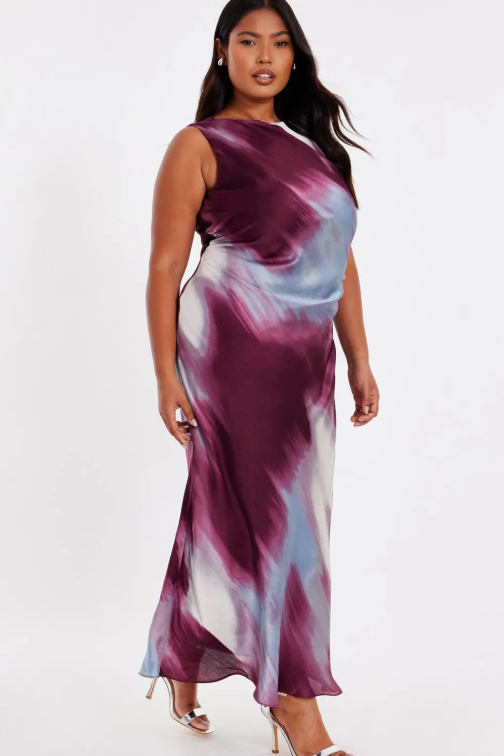 Quiz Evening Dresses|Day At The Races>Curve Dark Red Printed Satin Midaxi Dress