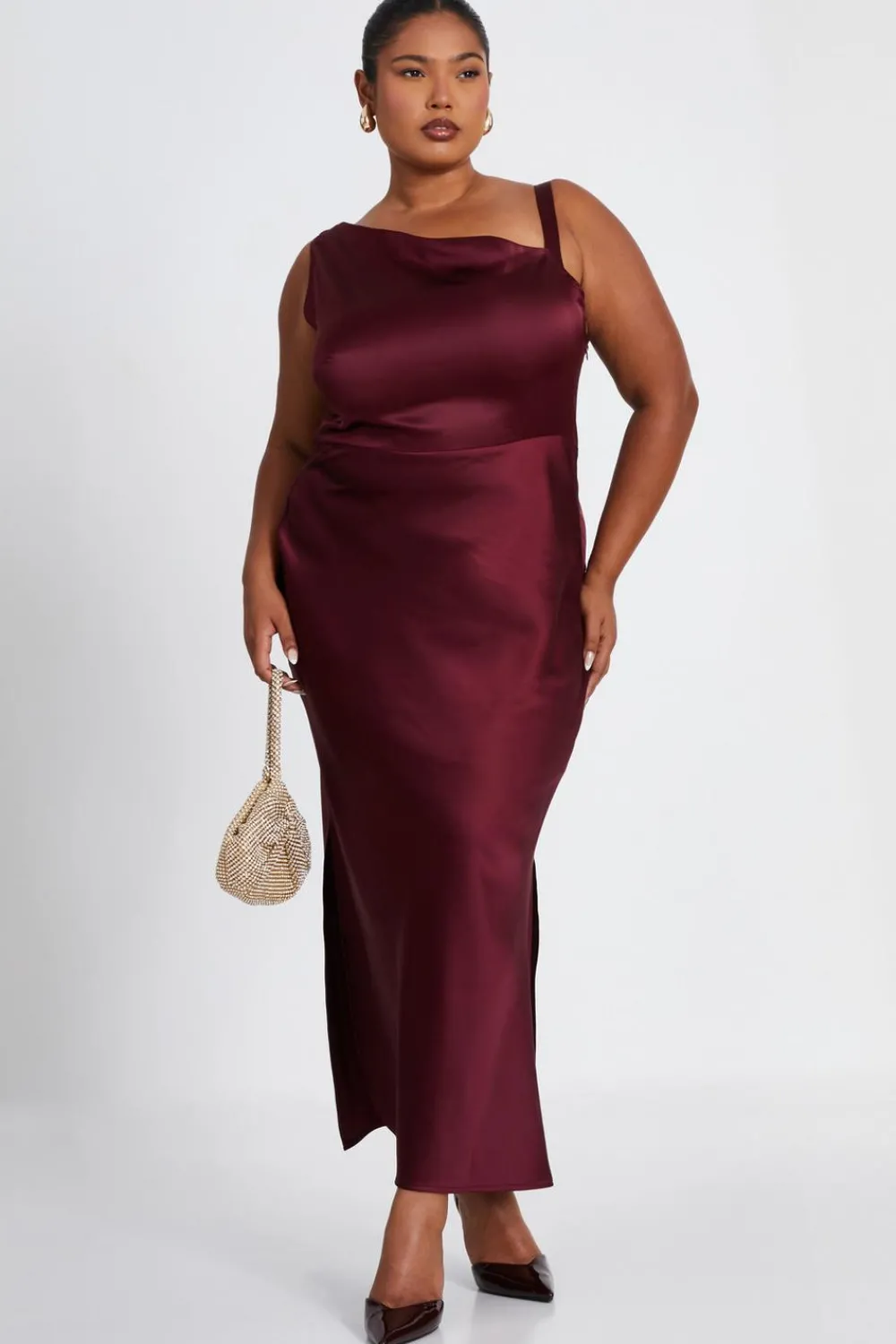 Quiz Christening Guest|Trending: Red>Curve Dark Red Satin Midaxi Dress