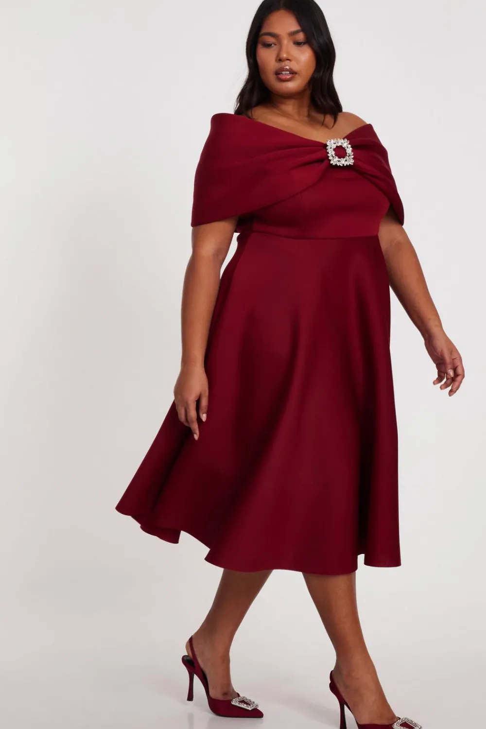 Quiz Evening Dresses|Christening Guest>Curve Dark Red Skater Midi Dress