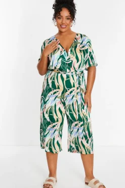 Quiz Summer Jumpsuits|Summer Clothes>Curve Green Tropical Wrap Culotte Jumpsuit