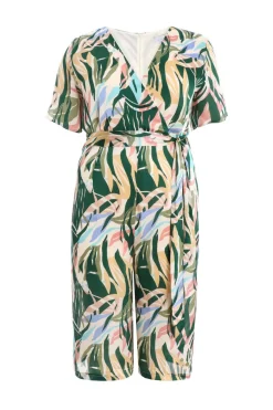 Quiz Summer Jumpsuits|Summer Clothes>Curve Green Tropical Wrap Culotte Jumpsuit
