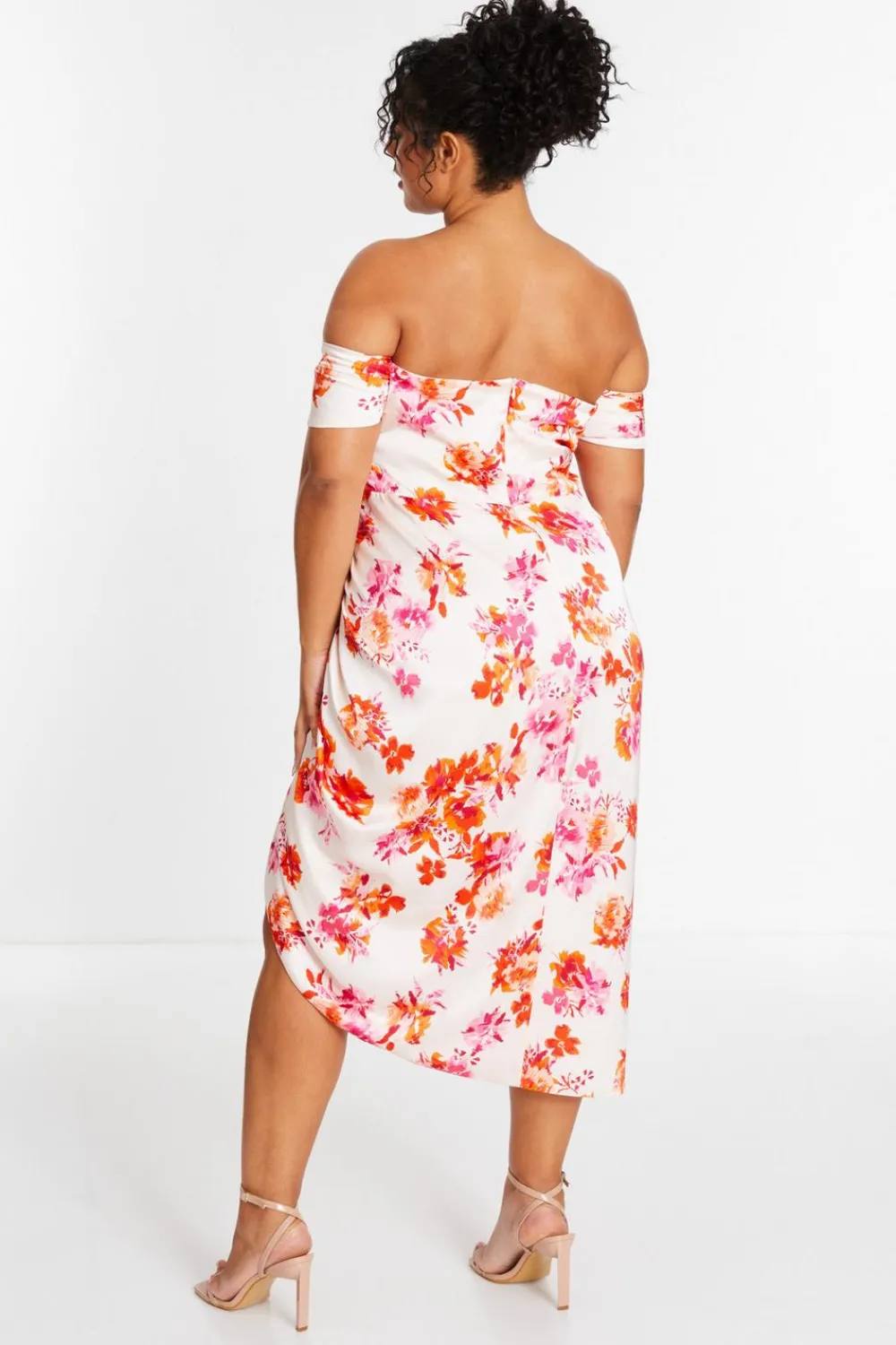 Quiz Evening Dresses|Summer Clothes>Curve Ivory Floral Bardot Ruched Midi Dress