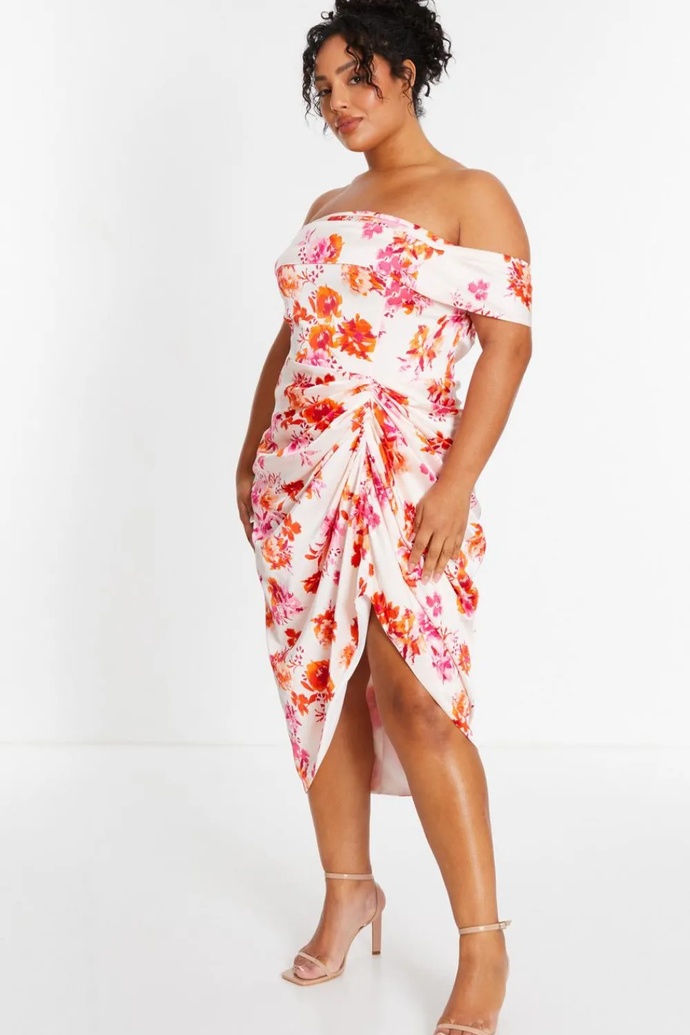 Quiz Evening Dresses|Summer Clothes>Curve Ivory Floral Bardot Ruched Midi Dress