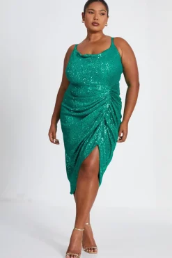 Quiz Wrap Dresses|Midi Dresses>Curve Jade Green Sequin Ruched Midi Dress
