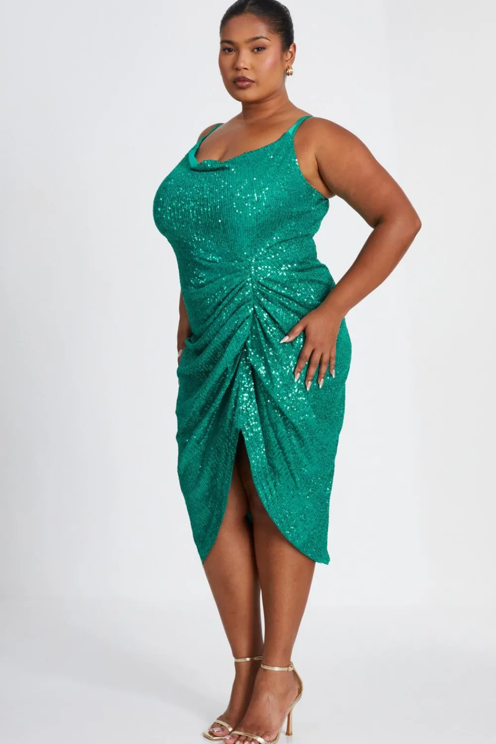 Quiz Wrap Dresses|Midi Dresses>Curve Jade Green Sequin Ruched Midi Dress