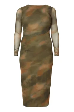 Quiz Going Out|Dresses>Curve Khaki Printed Long Sleeve Midaxi Dress