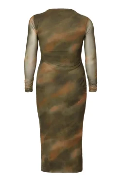 Quiz Going Out|Dresses>Curve Khaki Printed Long Sleeve Midaxi Dress