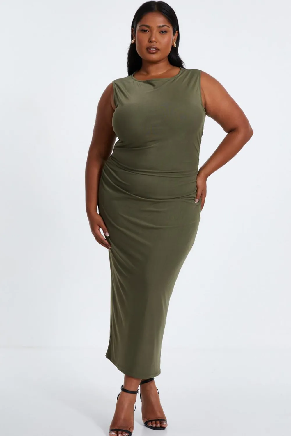 Quiz Evening Dresses|Summer Clothes>Curve Khaki Round Neck Midaxi Dress