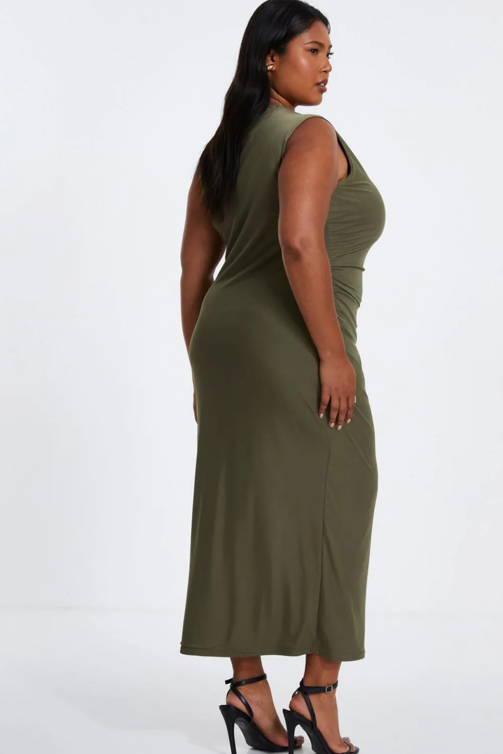 Quiz Evening Dresses|Summer Clothes>Curve Khaki Round Neck Midaxi Dress
