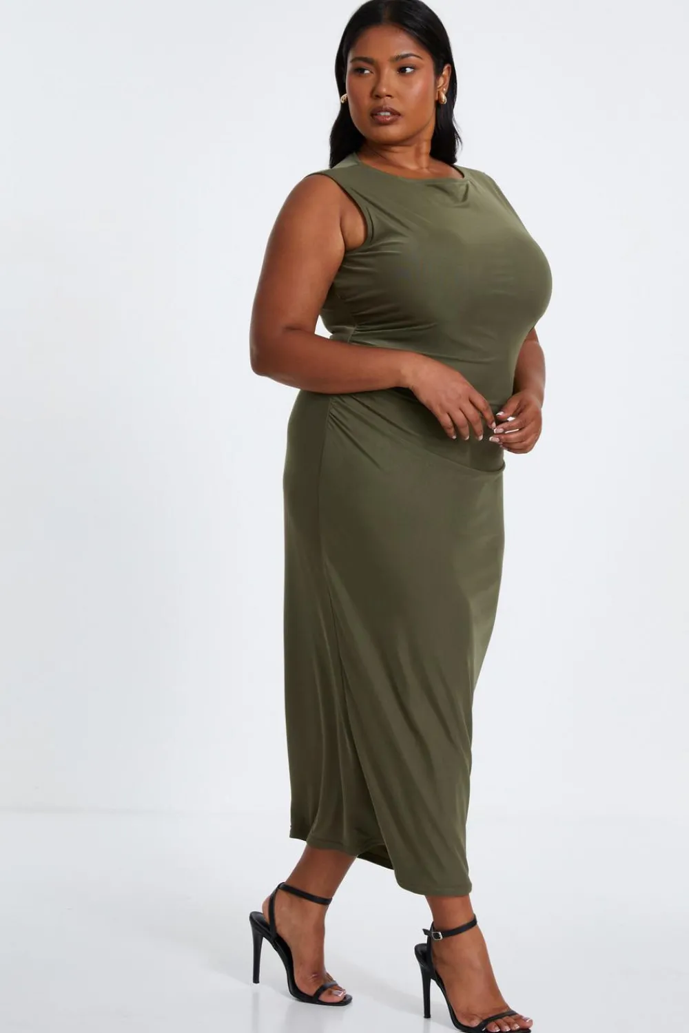 Quiz Evening Dresses|Summer Clothes>Curve Khaki Round Neck Midaxi Dress