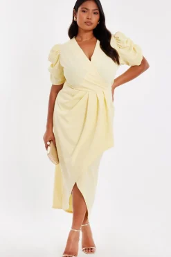Quiz Day At The Races|Christening Guest>Curve Light Yellow Wrap Midi Dress