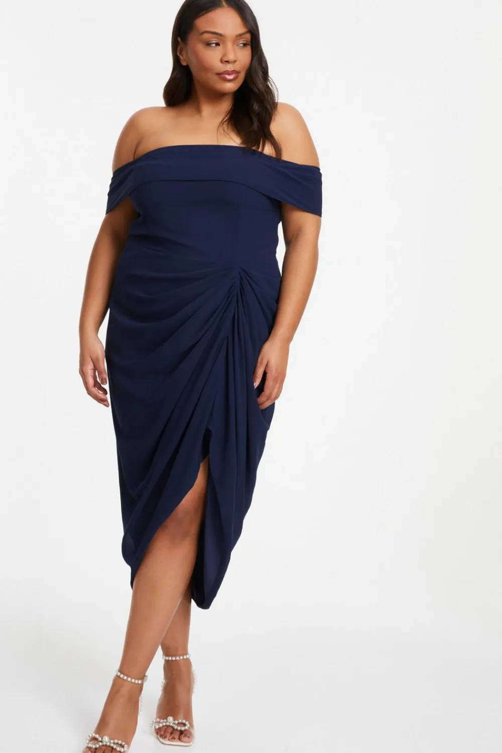 Quiz Navy Dresses|Blue Dresses>Curve Navy Chiffon Bardot Midi Dress