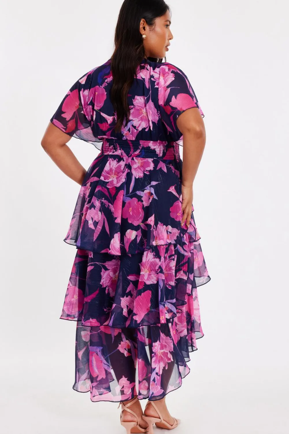 Quiz Day At The Races|Christening Guest>Curve Navy Chiffon Tiered Midi Dress