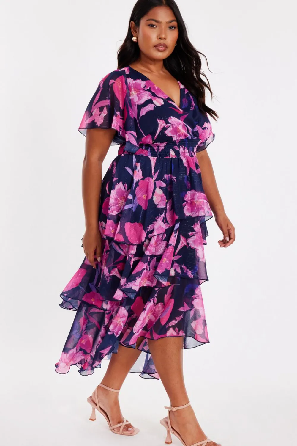 Quiz Day At The Races|Christening Guest>Curve Navy Chiffon Tiered Midi Dress