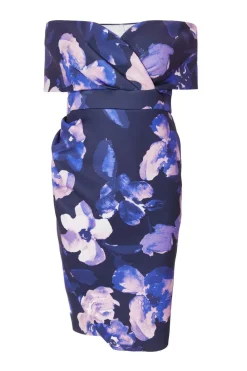 Quiz Evening Dresses|Day At The Races>Curve Navy Floral Bardot Midi Dress