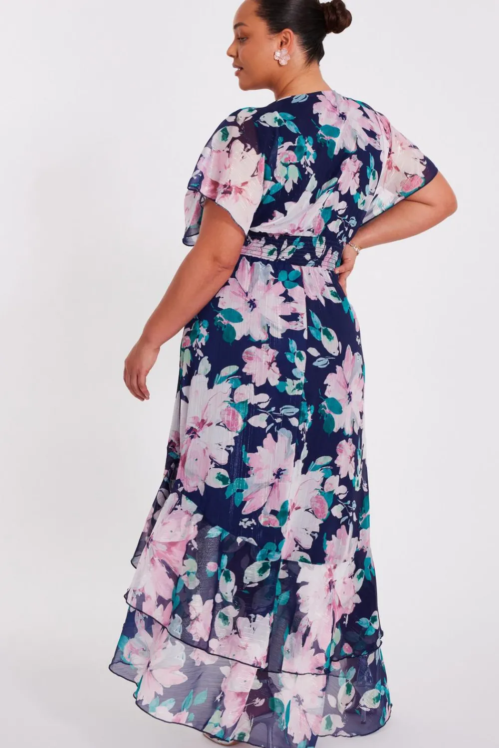 Quiz Day At The Races|Christening Guest>Curve Navy Floral Tiered Midi Dress