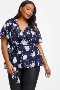 Quiz Summer Tops|Shirts & Blouses>Curve Navy Floral Wrap Frill Peplum Top