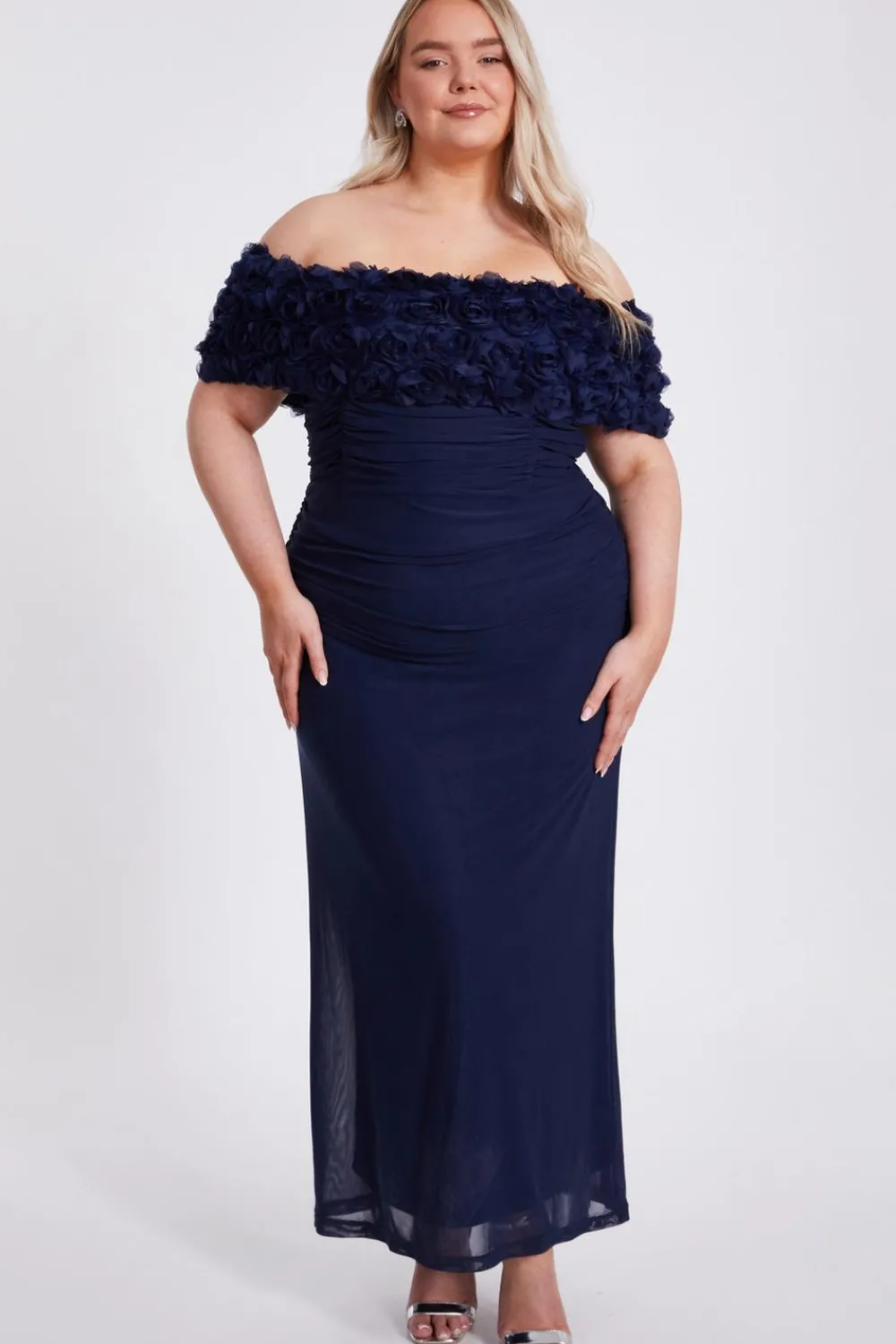 Quiz Day At The Races|Dresses>Curve Navy Mesh Bardot Midaxi Dress