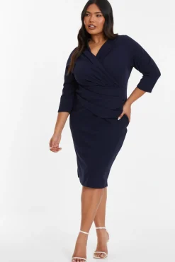 Quiz Wrap Dresses|Wedding Guest Dresses>Curve Navy Scuba Midi Dress
