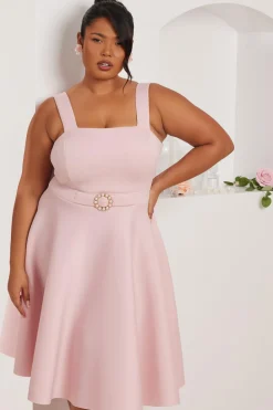 Quiz Evening Dresses|Christening Guest>Curve Pink Belted Skater Dress