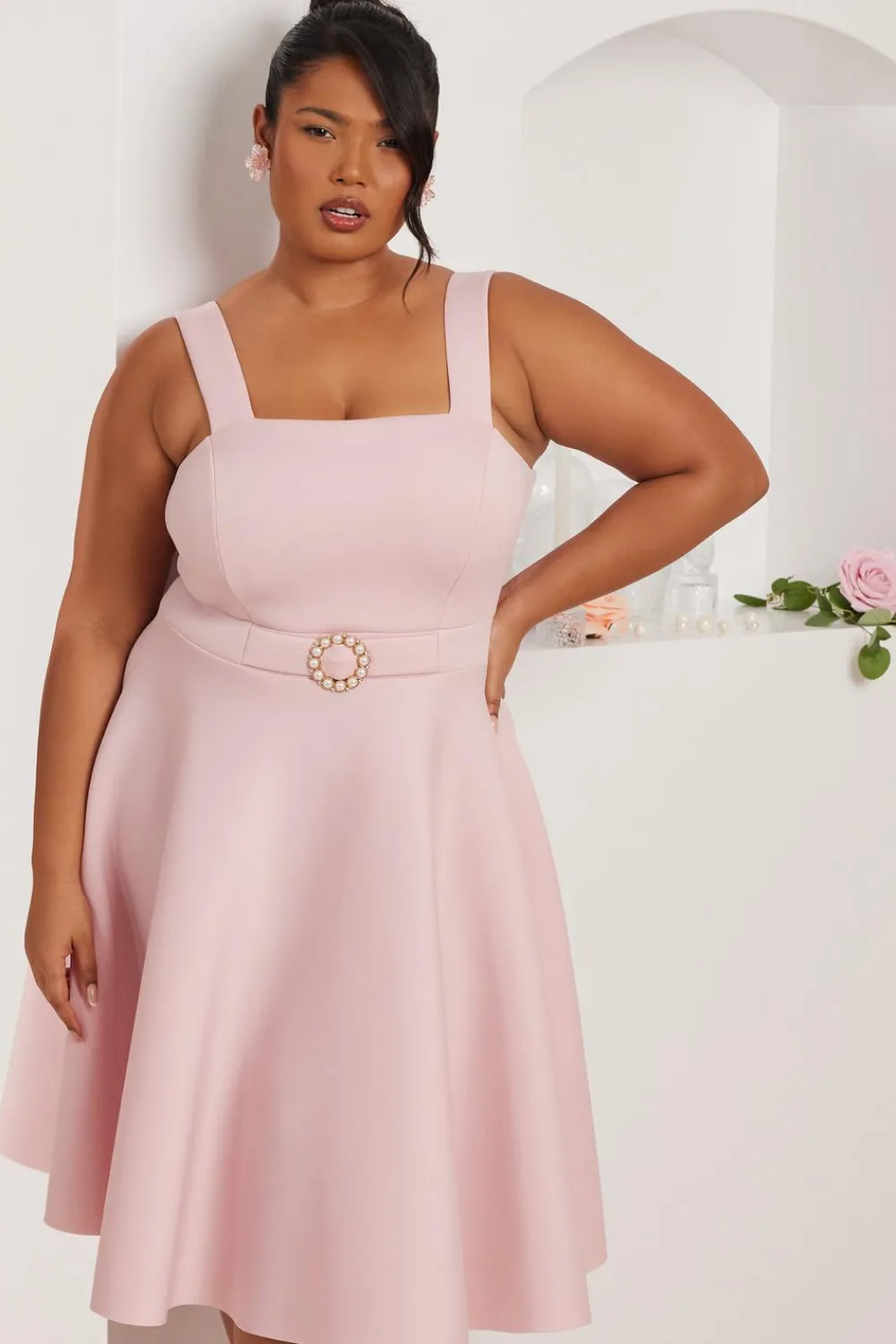 Quiz Evening Dresses|Christening Guest>Curve Pink Belted Skater Dress