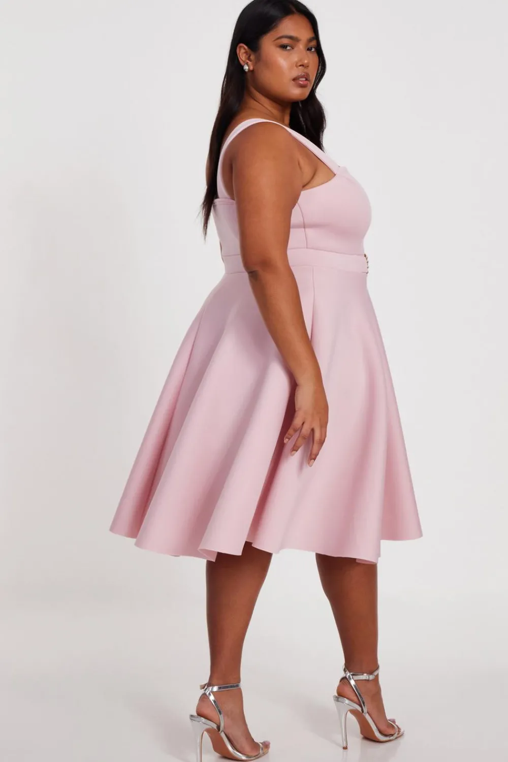 Quiz Evening Dresses|Christening Guest>Curve Pink Belted Skater Dress