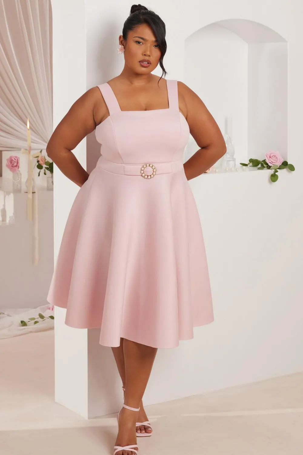 Quiz Evening Dresses|Christening Guest>Curve Pink Belted Skater Dress