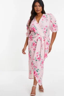 Quiz Wrap Dresses|Wedding Guest Dresses>Curve Pink Floral Wrap Midaxi Dress