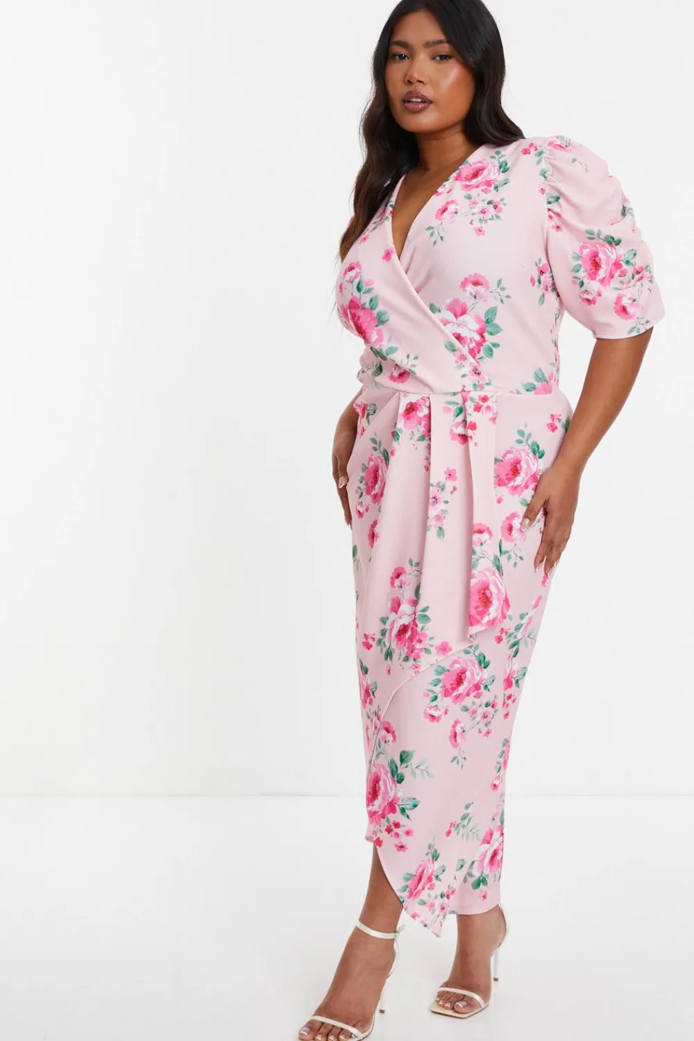 Quiz Wrap Dresses|Wedding Guest Dresses>Curve Pink Floral Wrap Midaxi Dress