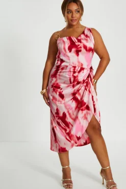 Quiz Summer Clothes|Wedding Guest Dresses>Curve Pink Satin Marble Print Midi Dress