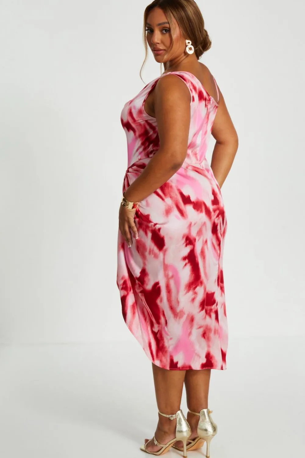 Quiz Summer Clothes|Wedding Guest Dresses>Curve Pink Satin Marble Print Midi Dress