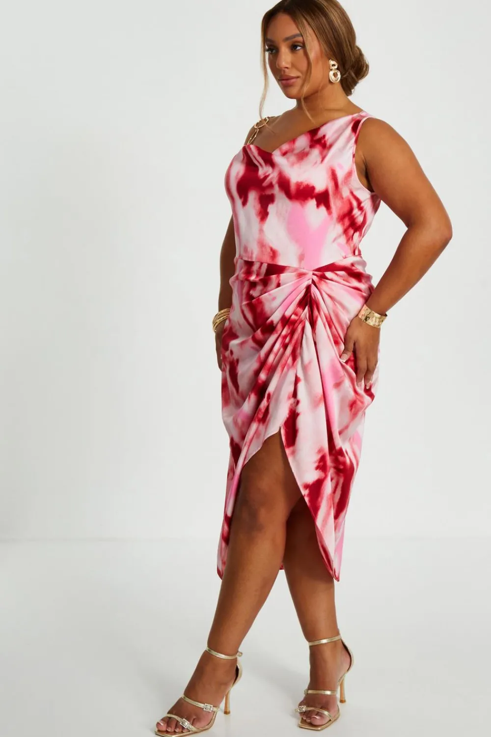 Quiz Summer Clothes|Wedding Guest Dresses>Curve Pink Satin Marble Print Midi Dress