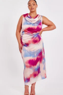 Quiz Day At The Races|Christening Guest>Curve Pink Satin Tie Dye Midi Dress