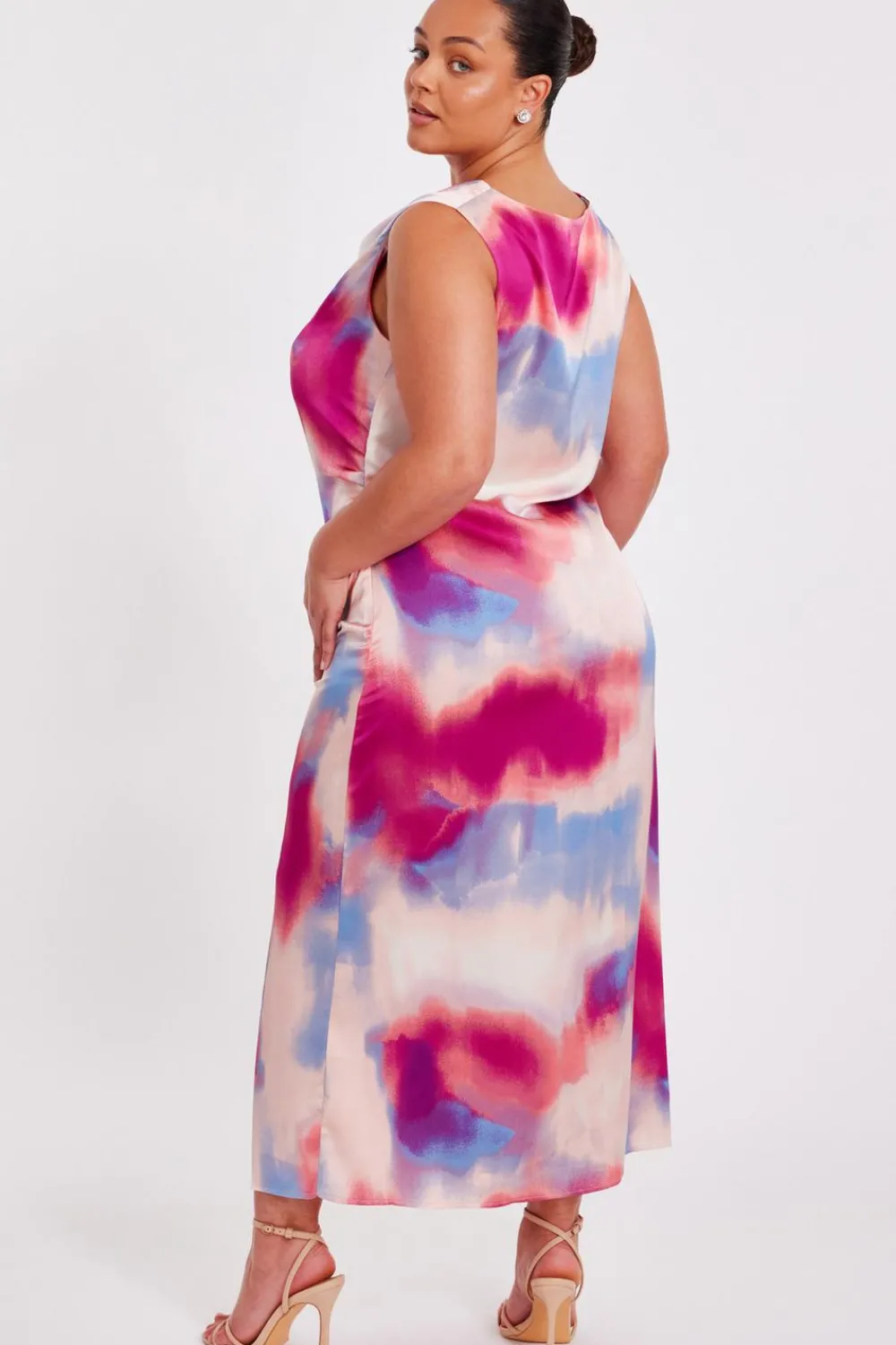 Quiz Day At The Races|Christening Guest>Curve Pink Satin Tie Dye Midi Dress