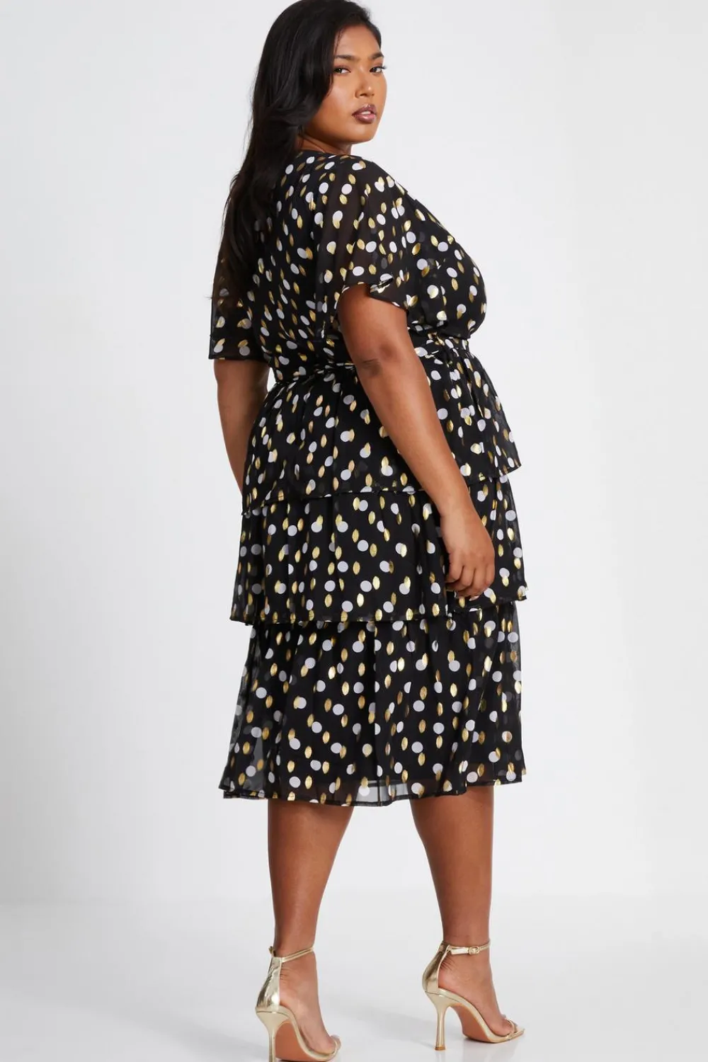 Quiz Midi Dresses|Going Out Dresses>Curve Polka Dot Foil Wrap Midi Dress