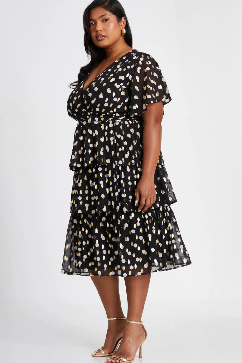 Quiz Midi Dresses|Going Out Dresses>Curve Polka Dot Foil Wrap Midi Dress