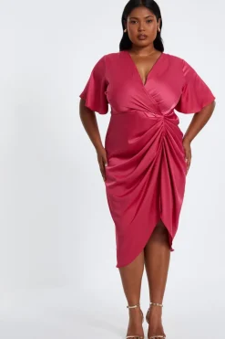 Quiz Wedding Guest Dresses|Summer Dresses>Curve Raspberry Satin Wrap Midi Dress