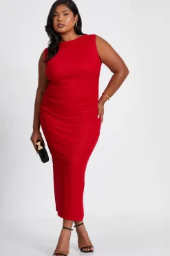 Quiz Trending: Red|Red Dresses>Curve Red Glitter Mesh Midaxi Dress