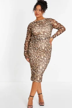 Quiz Midi Dresses|Going Out Dresses>Curve Stone Leopard Print Mesh Midaxi Dress