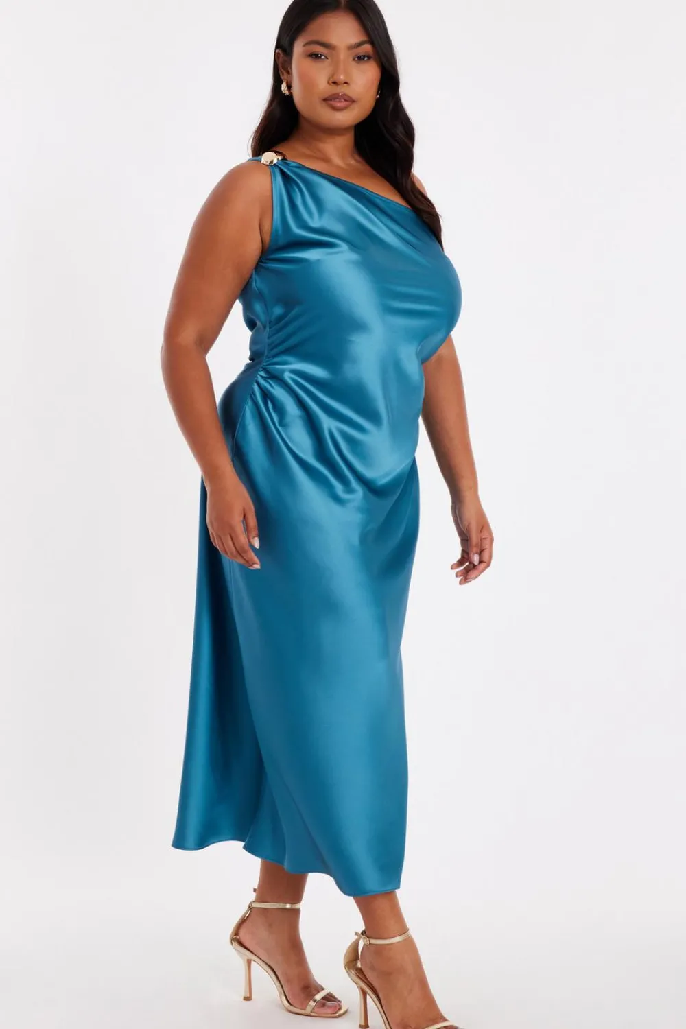 Quiz Evening Dresses|Day At The Races>Curve Teal Satin One Shoulder Midaxi Dress