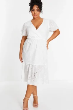 Quiz Summer Clothes|Casual Clothing>Curve White Embroidered Wrap Midi Dress