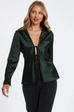 Quiz Shirts & Blouses|Going Out Tops>Dark Green Satin Tie Front Top