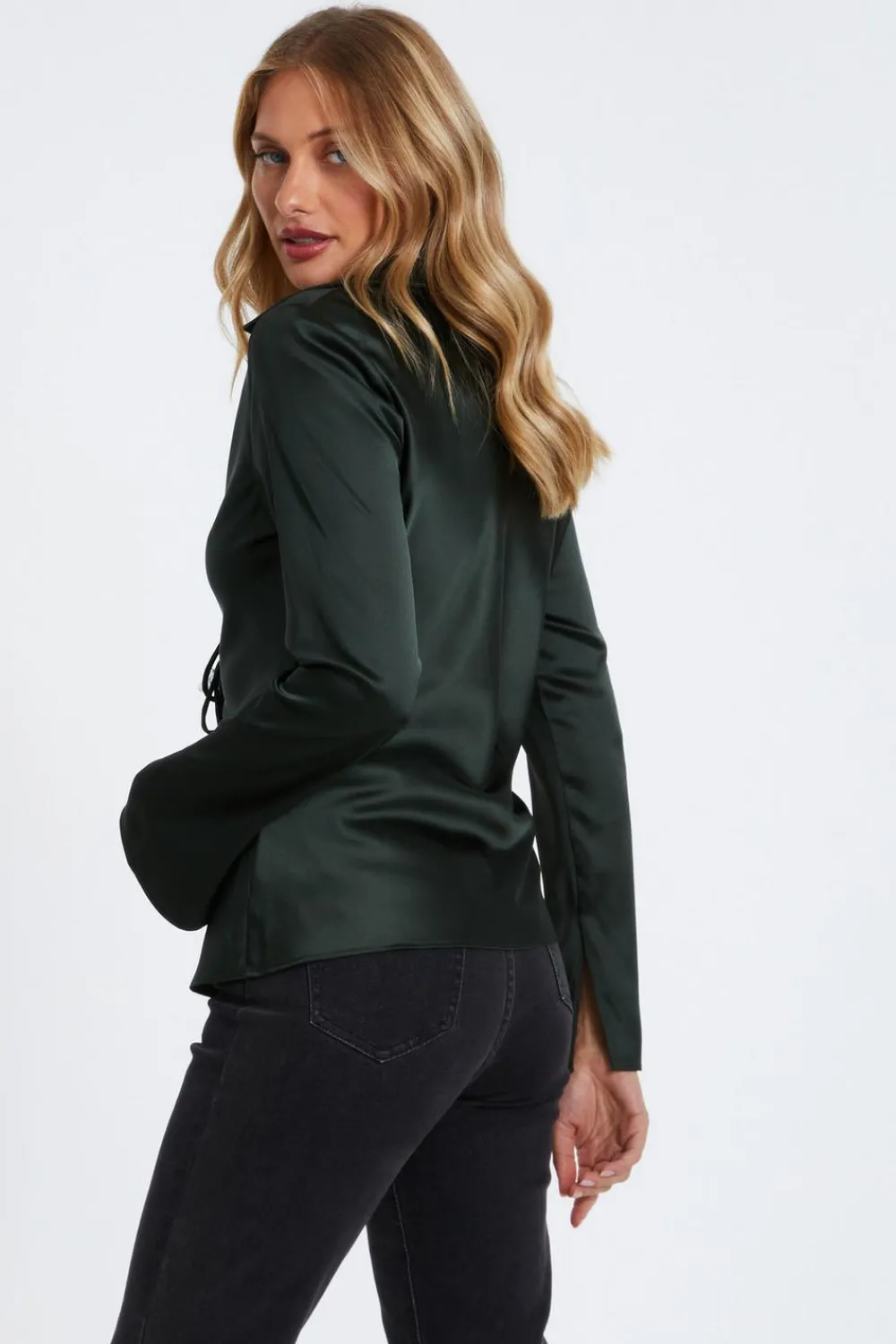 Quiz Shirts & Blouses|Going Out Tops>Dark Green Satin Tie Front Top