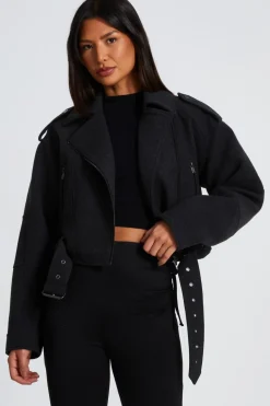 Quiz Jackets & Coats|Casual Clothing>Dark Grey Cropped Biker Jacket