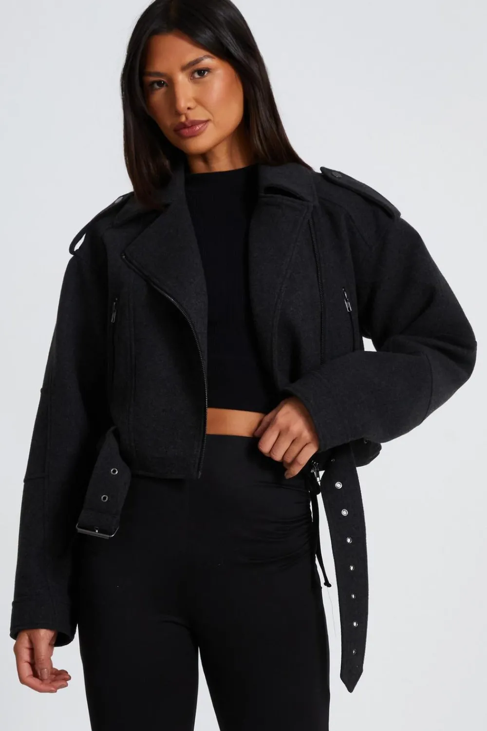 Quiz Jackets & Coats|Casual Clothing>Dark Grey Cropped Biker Jacket